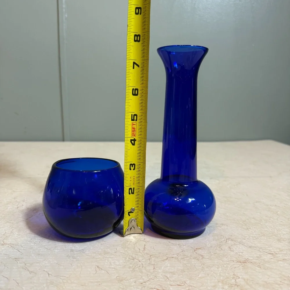 Vtg Cobalt Blue Art Glass Vase‎ & Bowl Set Hand Blown Mid Century Modern Decor